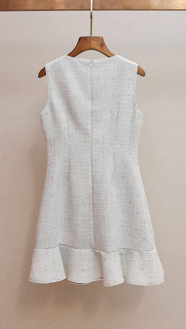 AIIZIE HATSUMI SPARKLE TWEED SLEEVELESS MINI DRESS | CRYSTAL EMBELLISHED NECKLINE & RUFFLE HEM - product image