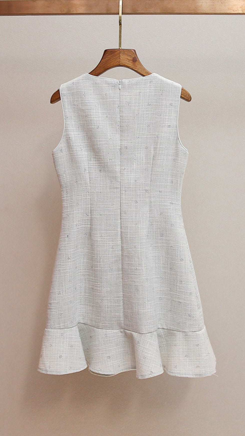 HATSUMI SPARKLE TWEED SLEEVELESS MINI DRESS | CRYSTAL EMBELLISHED NECKLINE & RUFFLE HEM