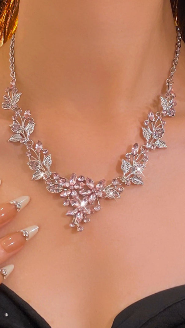 AIIZIE Juelz Sparkling Pink Crystal Flower & Leaf Necklace & Earrings Set - product image