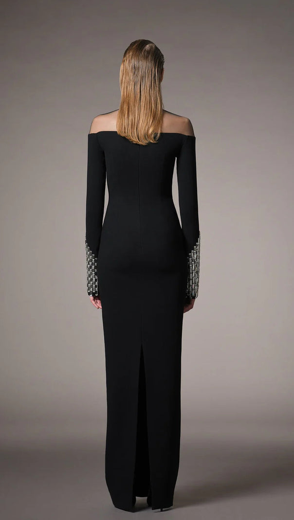 AIIZIE CRYSTAL EMBELLISHMENTS BLACK CRÊPE MAXI DRESS - product image