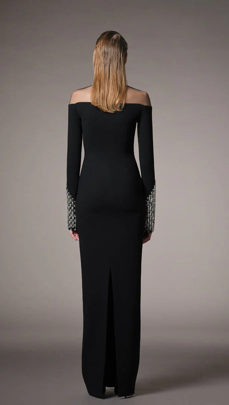 CRYSTAL EMBELLISHMENTS BLACK CRÊPE MAXI DRESS