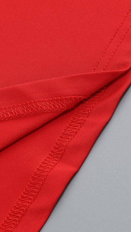 SLANT COLLAR HIGH WAIST SLIM LONG SKIRT RED SUIT