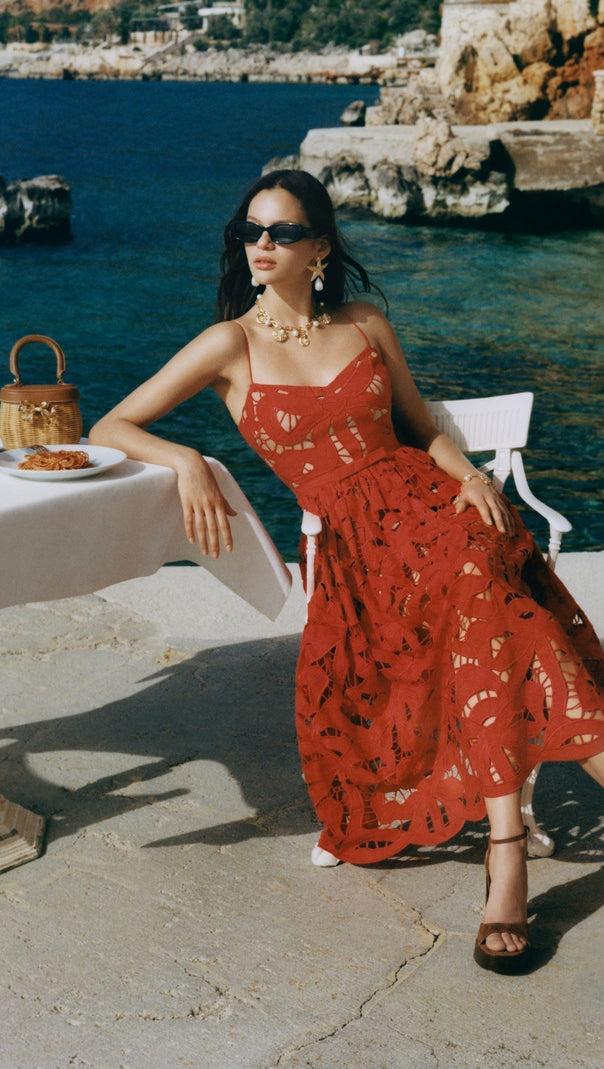 AIIZIE WENDY RED BOW EMBROIDERED MIDI DRESS - product image