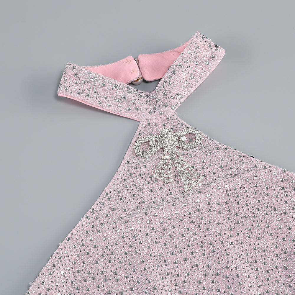 AIIZIE HALTER BACKLESS CRYSTAL EMBELLISHED MAXI DRESS IN PINK - product image