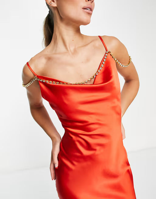 Verziertes Satin-Camisole-Maxikleid in gebranntem Orange