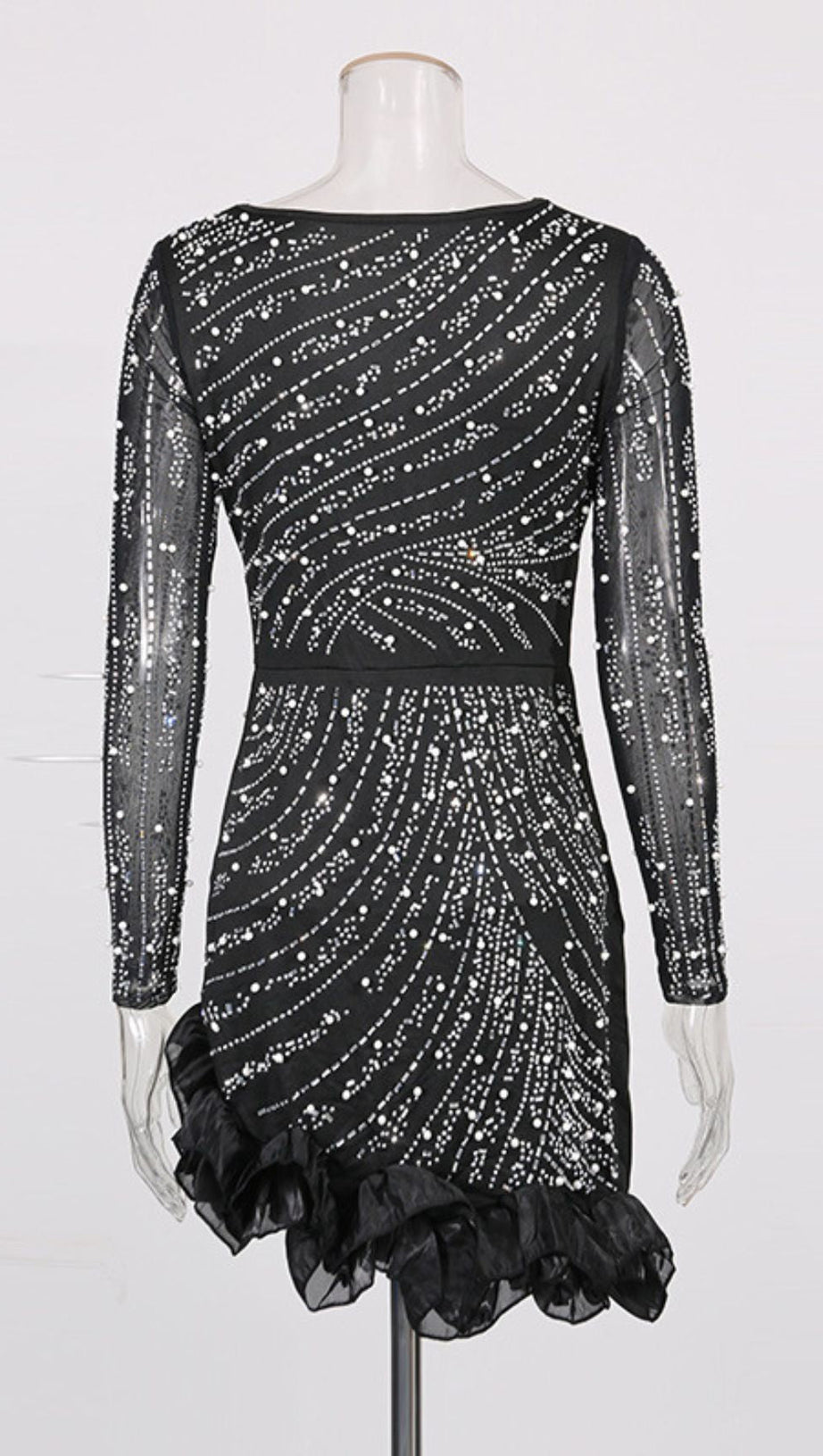 HAWKEYE DAZZLING BLACK CRYSTAL & PEARL BEADED LONG SLEEVE MINI DRESS
