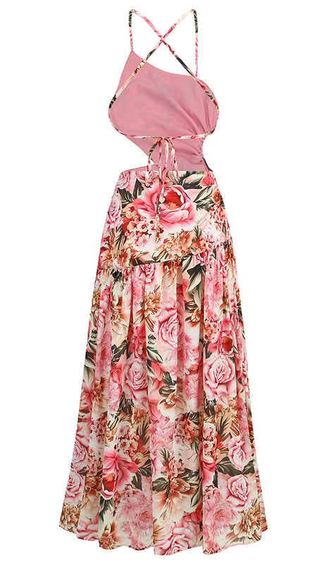 Rosa bedrucktes Midikleid mit offenem Rückenschlitz und ausgehöhlter Vorderseite