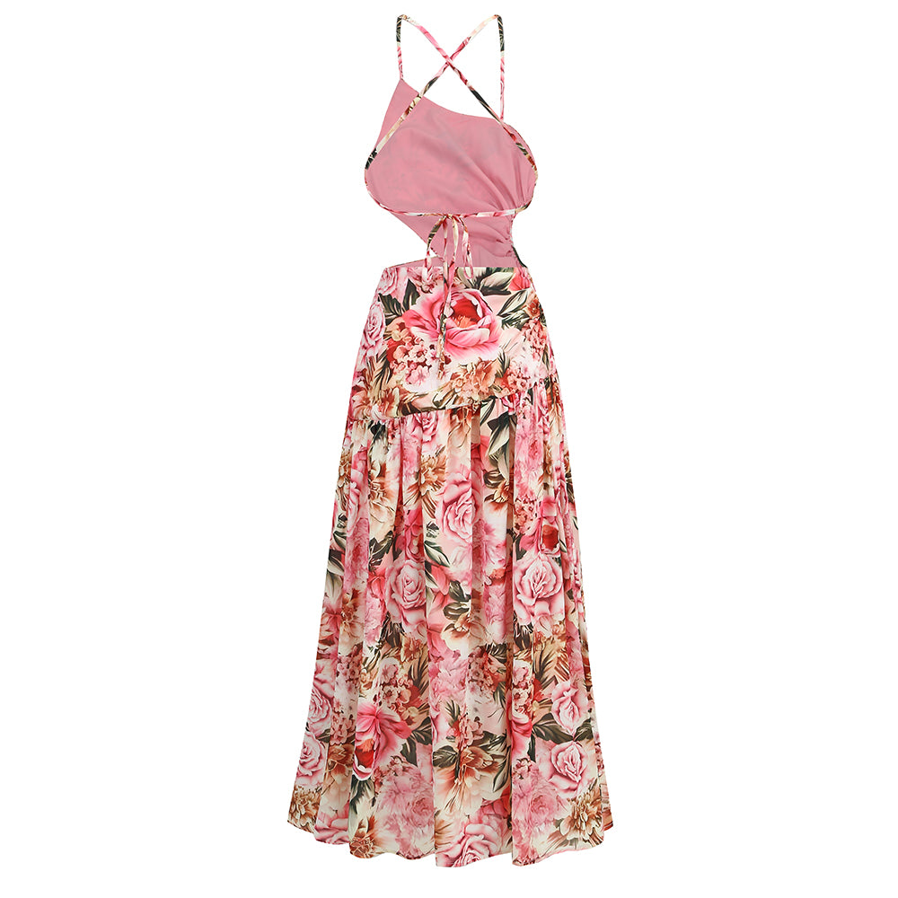 AIIZIE PINK PRINTED HOLLOW-OUT OPEN-BACK SLIT MIDI DRESS - product image