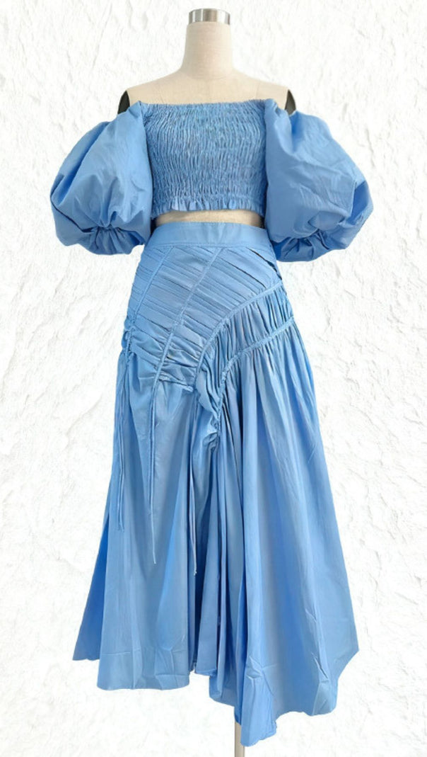 AIIZIE Vibrant Lime Green Puff Sleeve Crop Top & Ruched Maxi Skirt Set | Ivo Two-Piece - product image