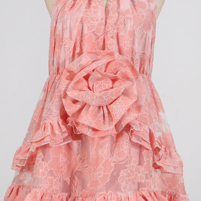 HALTER FLOWER RRUFFLE MAXI DRESS IN PINK