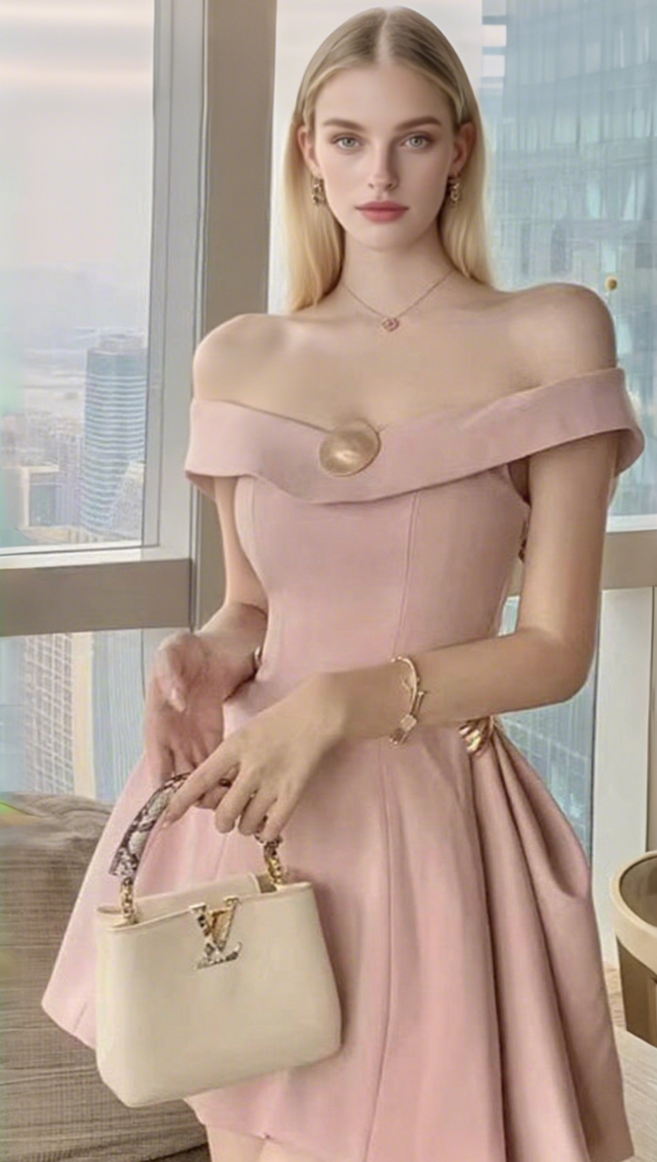 AIIZIE METAL DETAIL A-LINE OFF-SHOULDER MINI DRESS IN PINK - product image