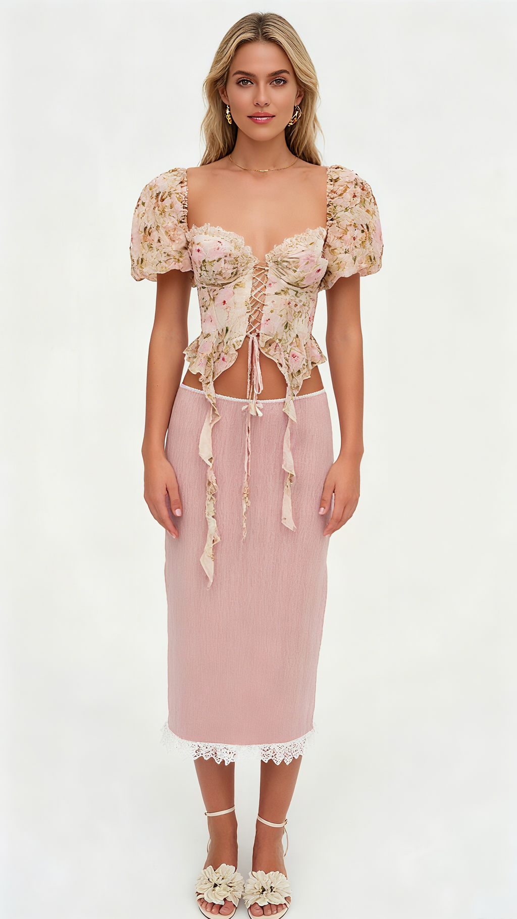 PINK TIE-DRAPE CHIFFON SHIRT WITH RUFFLED PUFF SLEEVES
