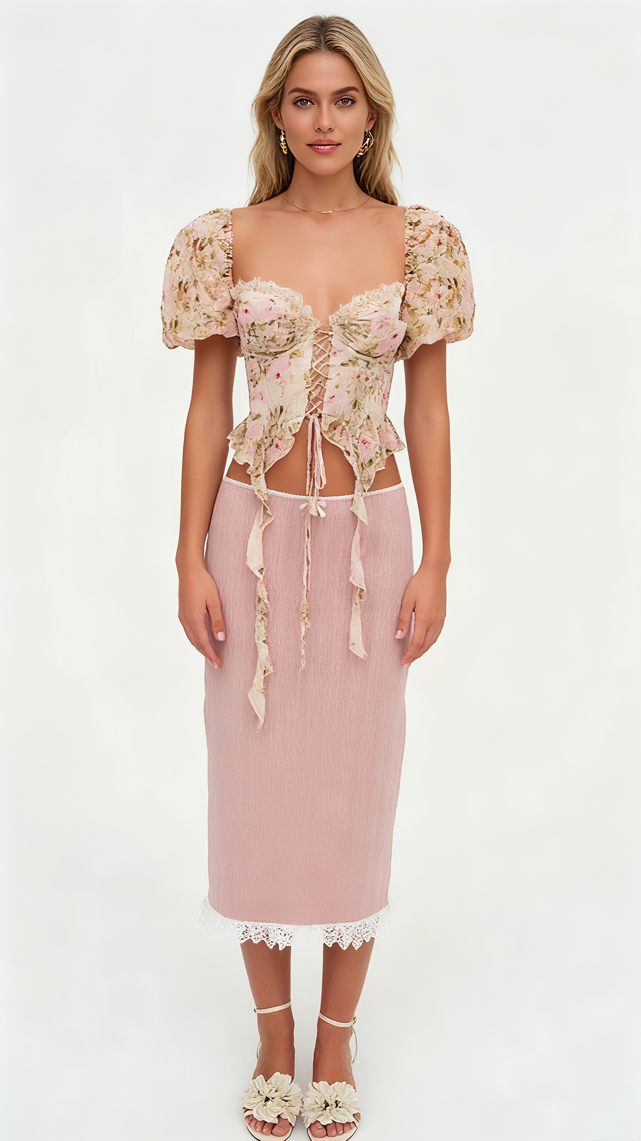 PINK TIE-DRAPE CHIFFON SHIRT WITH RUFFLED PUFF SLEEVES