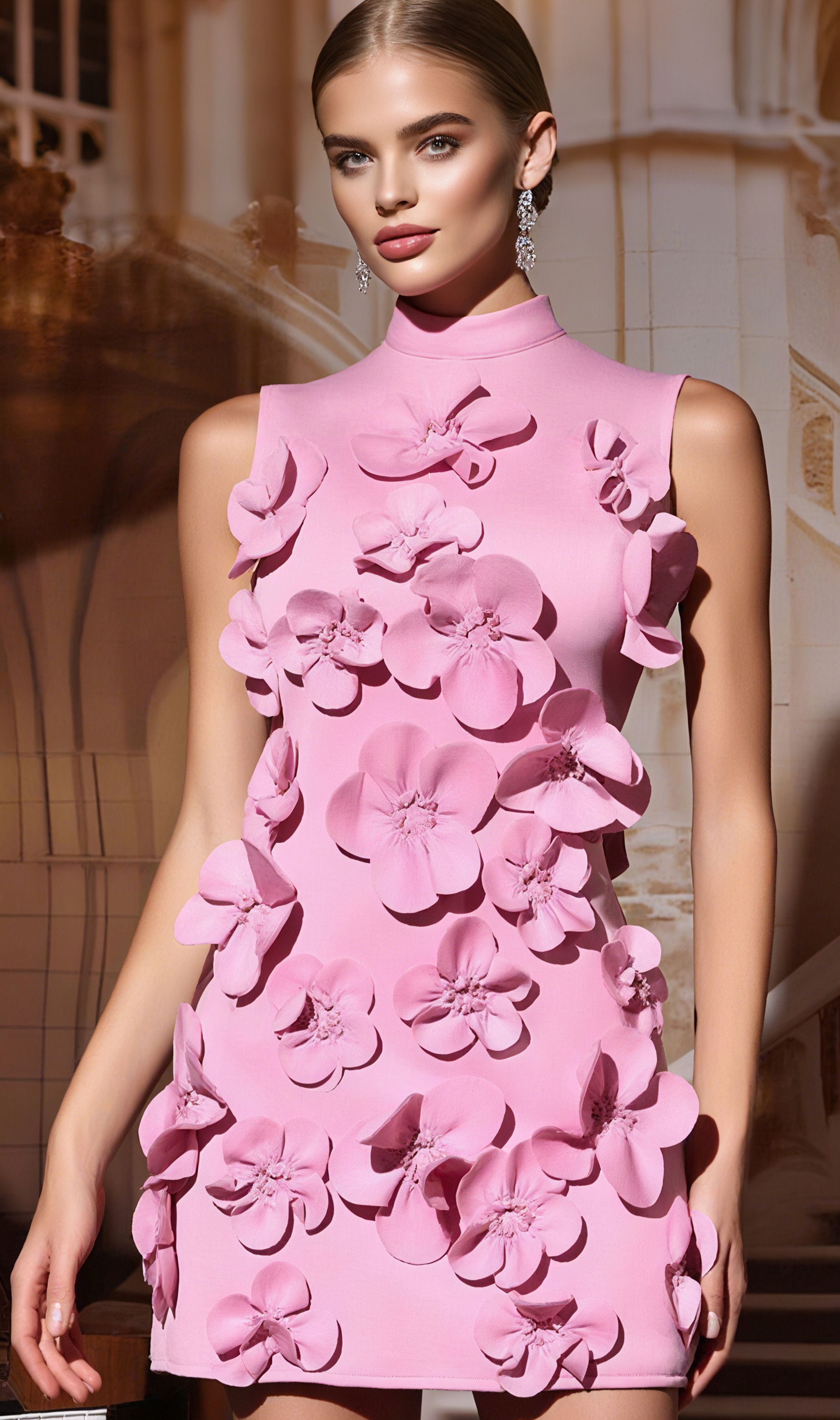 CYNTHIA 3D FLOWER SLEEVELESS BOW MINI DRESS IN PINK