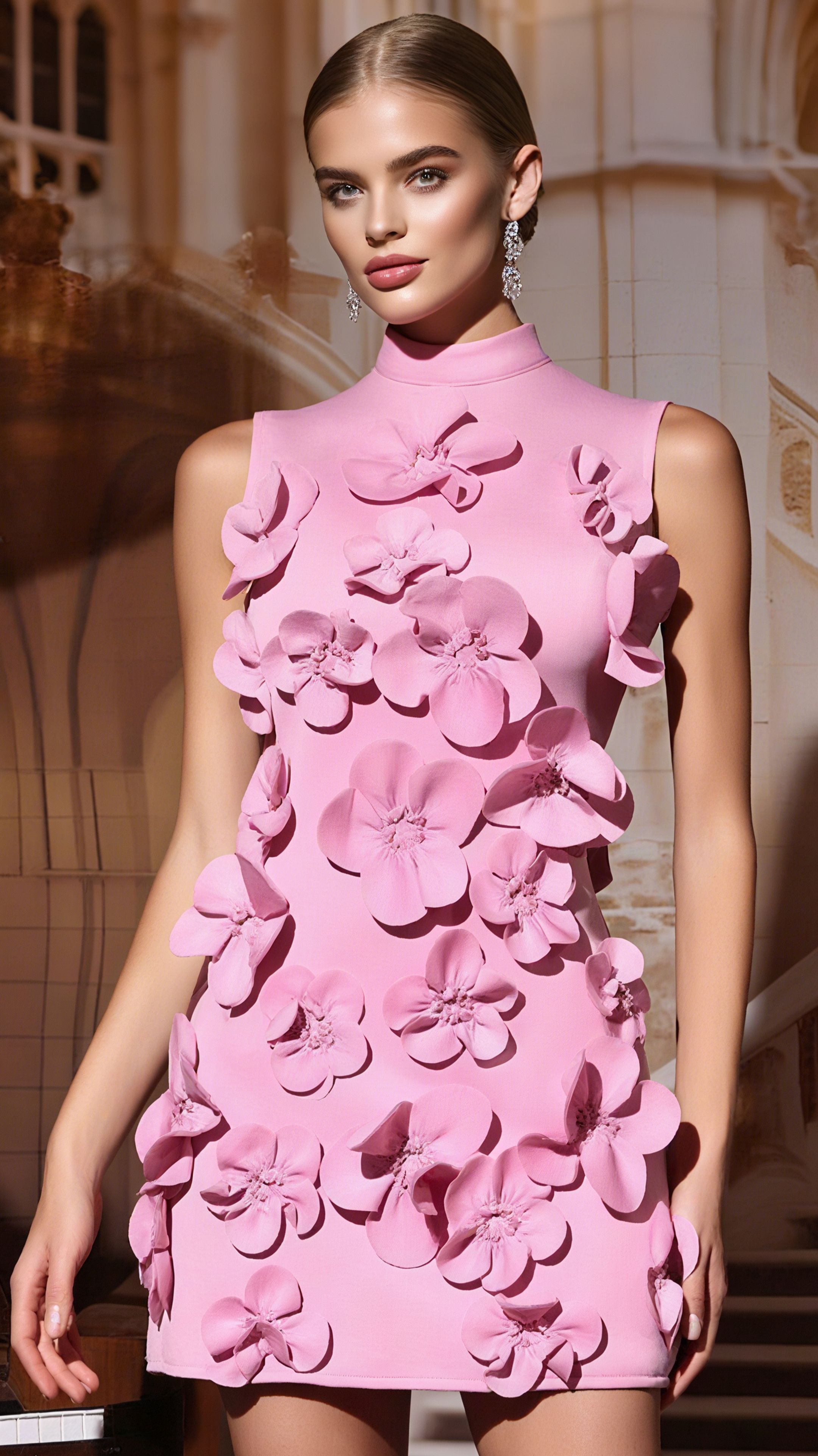 CYNTHIA 3D FLOWER SLEEVELESS BOW MINI DRESS IN PINK