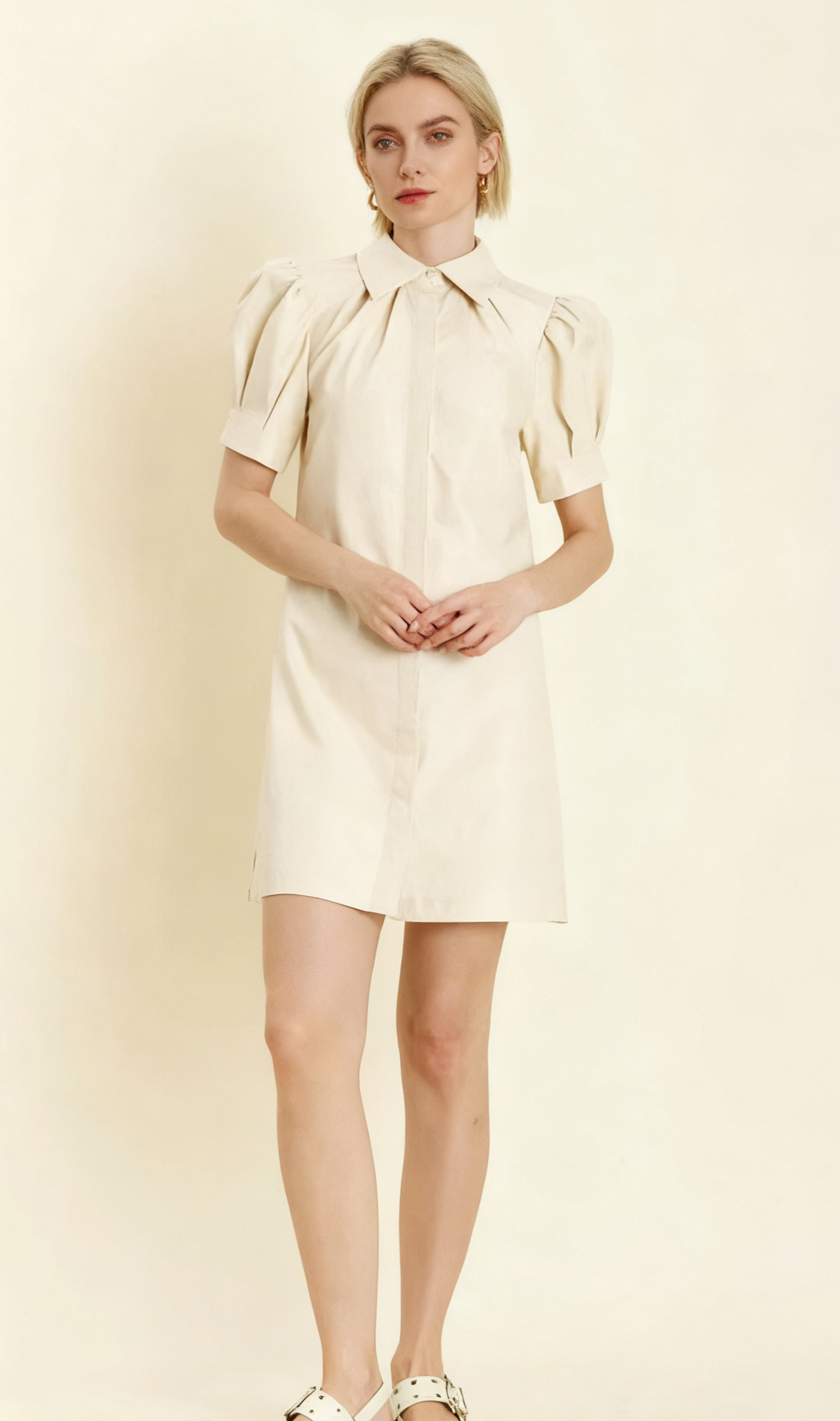 White lapel collar leather puff sleeves mini dress