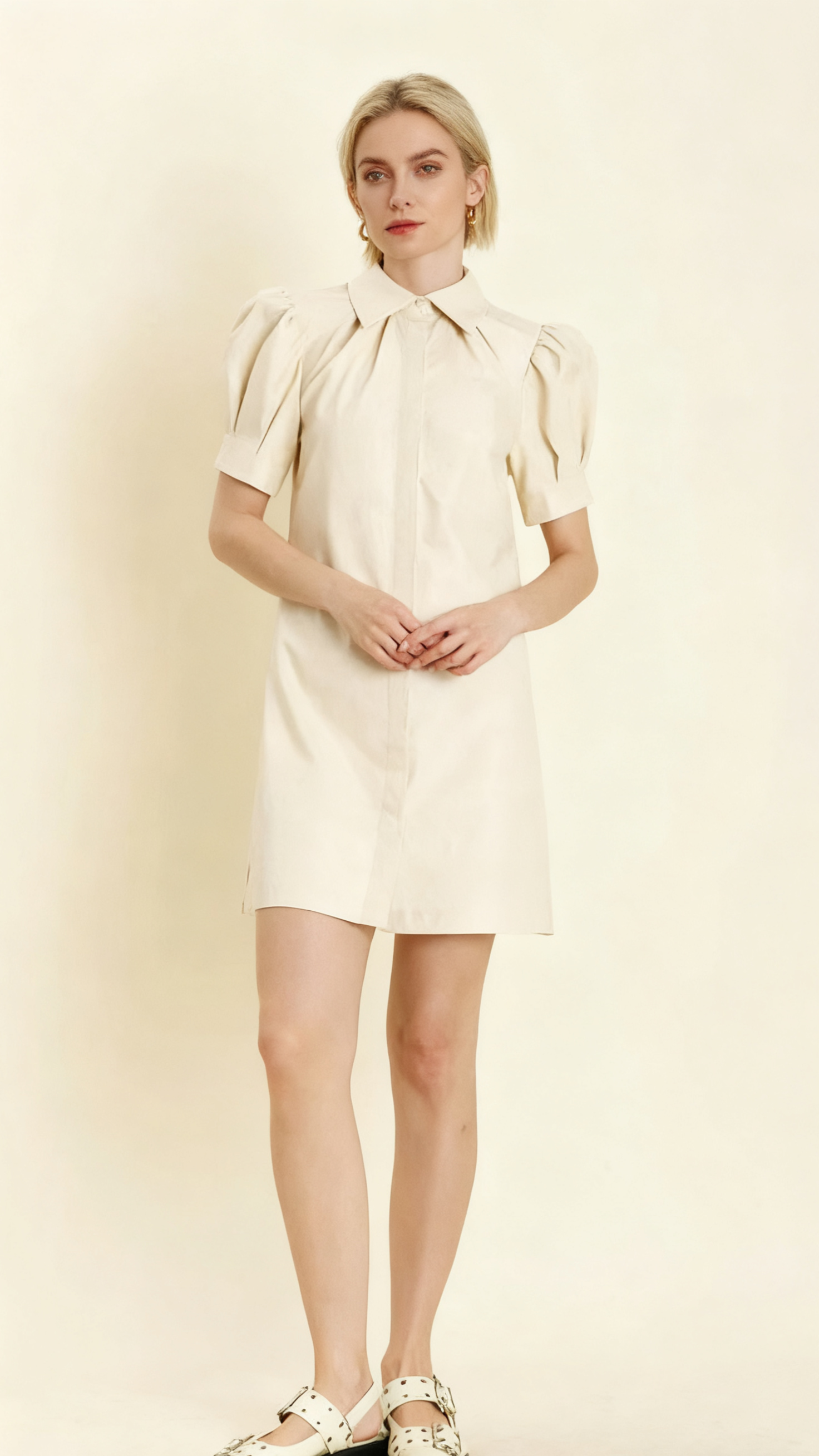 WHITE LAPEL COLLAR LEATHER PUFF SLEEVES MINI DRESS