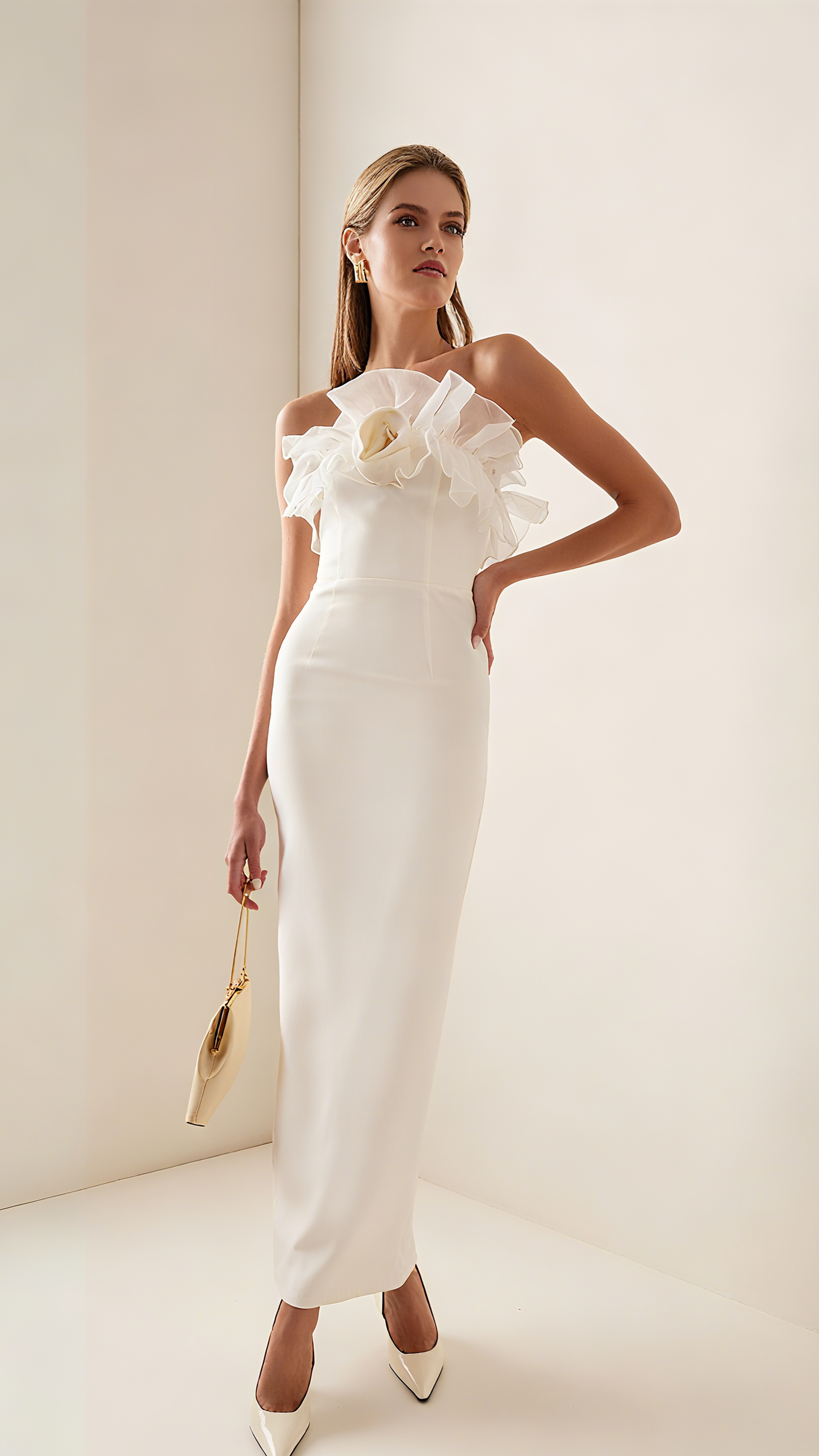 RUFFLED SILK STRAPLESS MIDI DRESS IN BEIGE