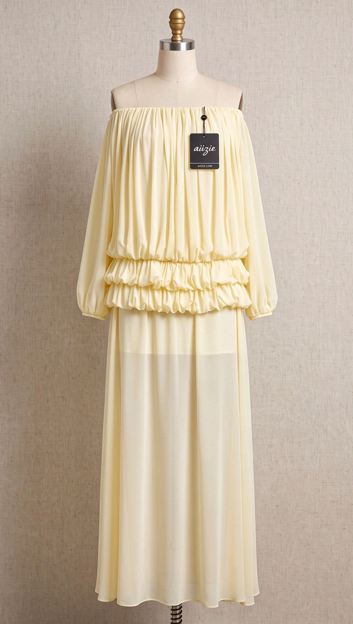 Pale Yellow Chiffon Off-The-Shoulder Blouson Two-Piece Set