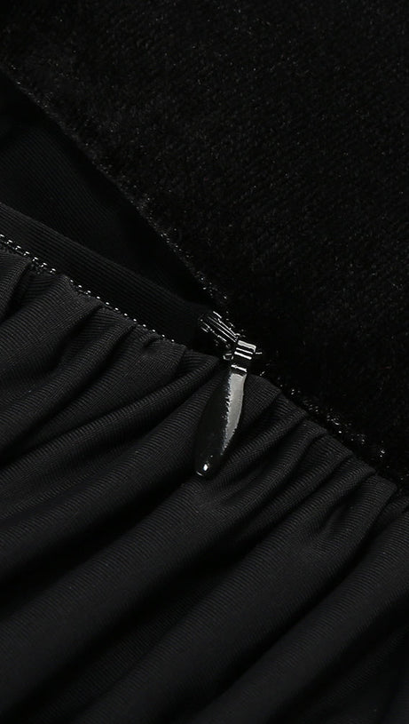 ADITI METALLIC HALTER RUCHED BLACK BODYCON MINI DRESS