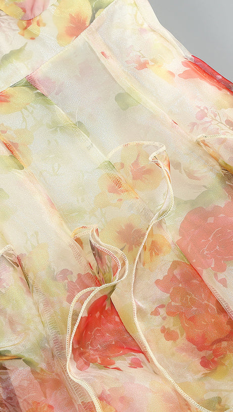 BELINDA YELLOW FLORAL VERTICAL RUFFLE TRIM MAXI DRESS