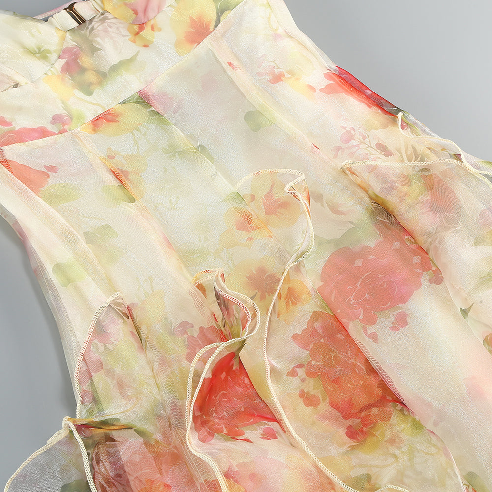 AIIZIE BELINDA YELLOW FLORAL VERTICAL RUFFLE TRIM MAXI DRESS - product image