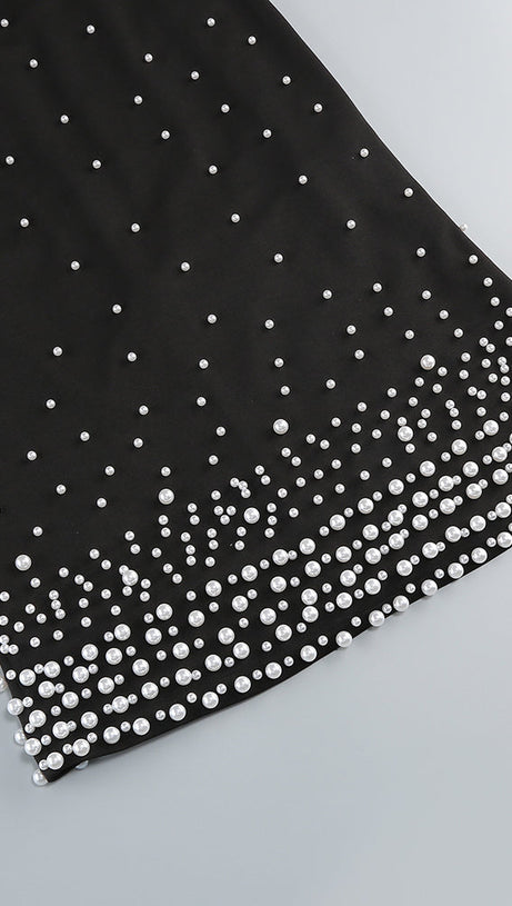 PEARL POLKA DOTS EMBELLISHED MIDI DRESS IN BLACK