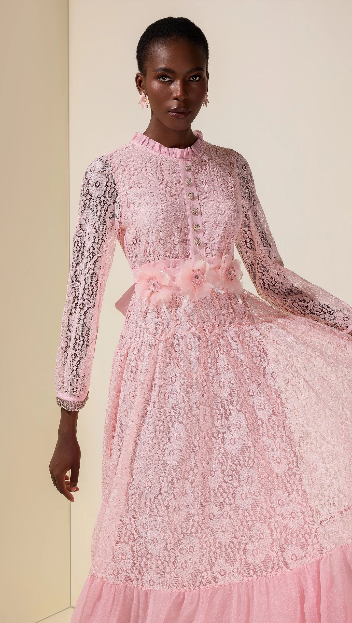 virginia Lace 3D Flower Rhinestone Rivets Midi Dress - pink