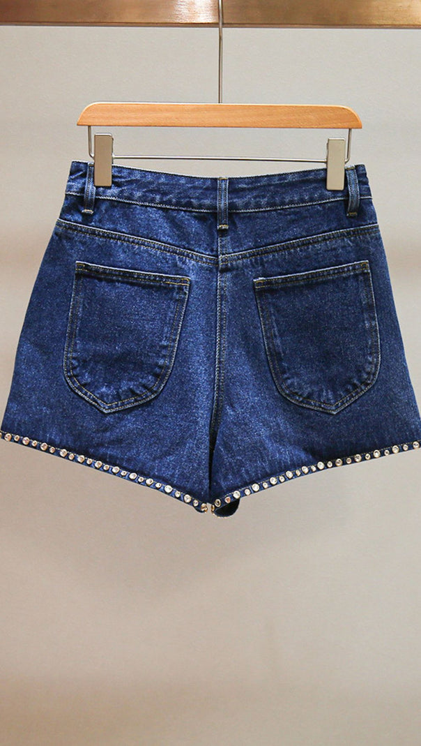 AIIZIE Sparkling Scalloped Hem Rhinestone Denim Shorts for Women - product image