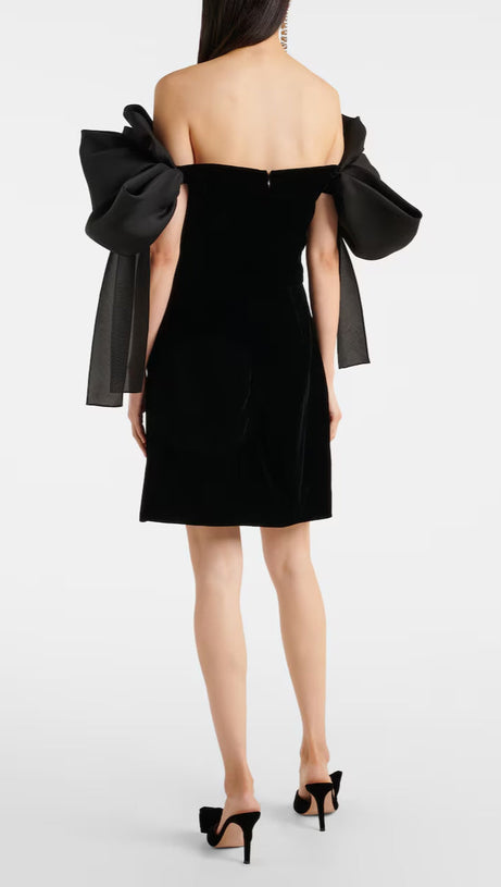 JULIE BOW OFF-SHOULDER MINI DRESS IN BLACK