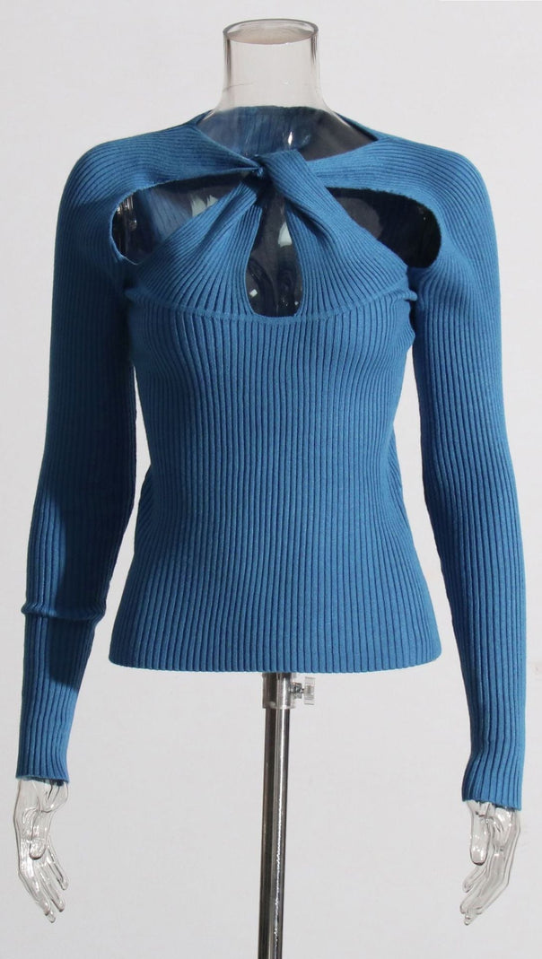 AIIZIE ILANA CHIC EMERALD RIBBED KNIT LONG SLEEVE TOP WITH KNOT CUTOUT DETAIL - product image