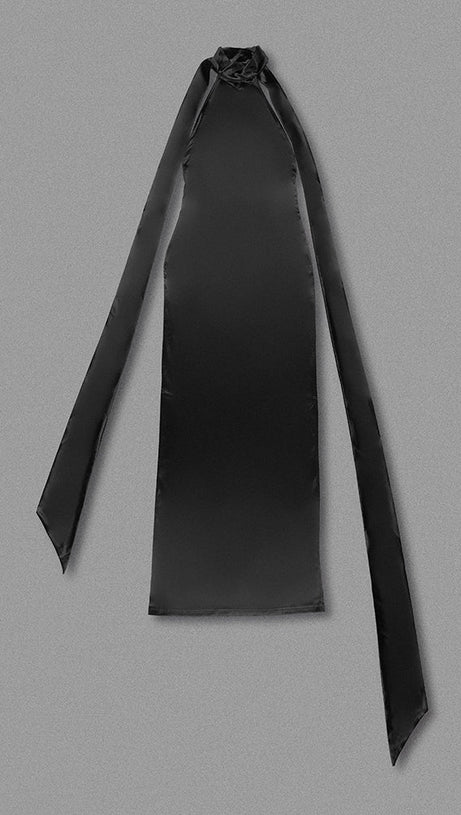 MIGNON SATIN BELT BACKLESS PEARL EMBELLISHED MAXI DRESS IN BLACK