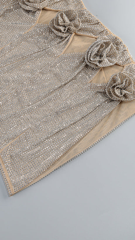 OFF-SHOULDER CRYSTAL-EMBELLISHED MINI DRESS IN SILVER