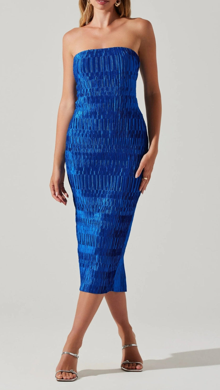 REINE PLISSE STRAPLESS MIDI DRESS