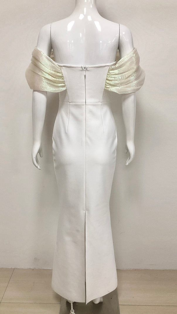 AIIZIE OFF-SHOULDER PEARL EMBELLISHED BODYCON MAXI DRESS IN WHITE - product image