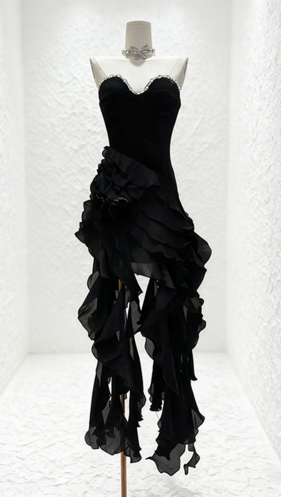 HOVA RUBY RED STRAPLESS RUFFLE MAXI GOWN - DAZZLING VELVET & CHIFFON