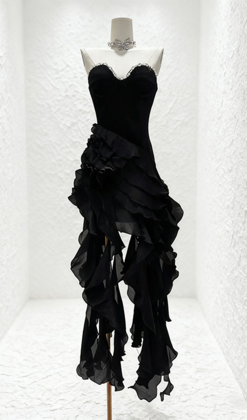 HOVA RUBY RED STRAPLESS RUFFLE MAXI GOWN - DAZZLING VELVET & CHIFFON