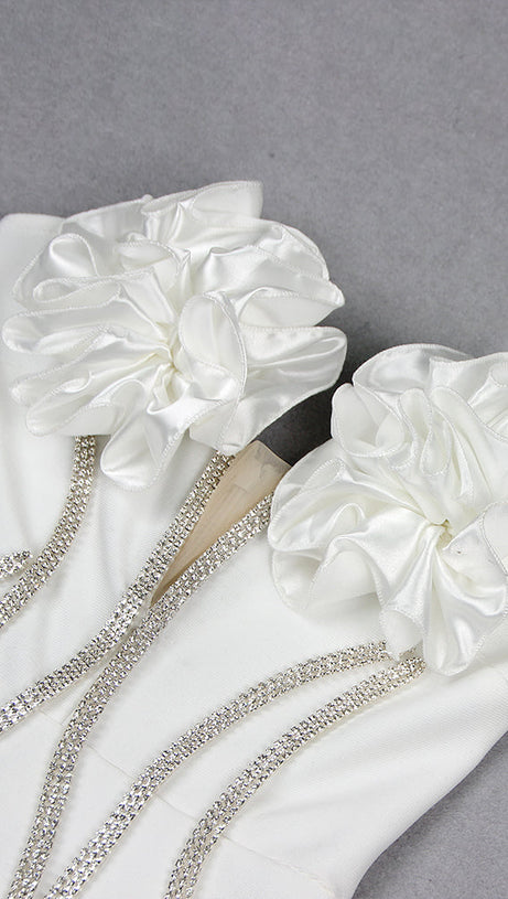 OFF SHOULDER FLOWER EMBELLISHED BODYCON GOWN