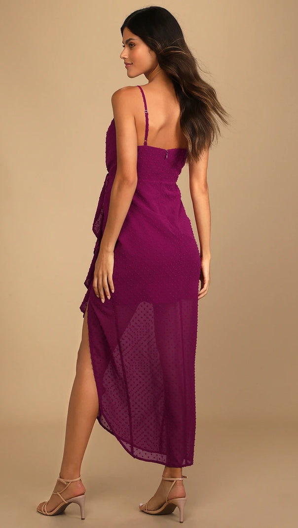 AIIZIE DOT RUFFLED MIDI DRESS IN MAGENTA - product image