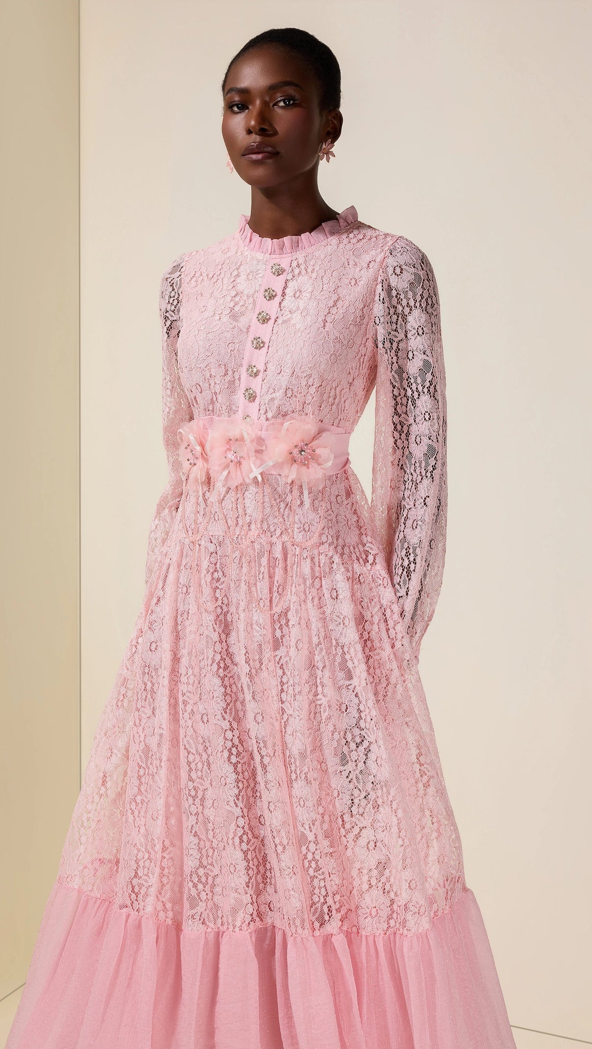 virginia Lace 3D Flower Rhinestone Rivets Midi Dress - pink