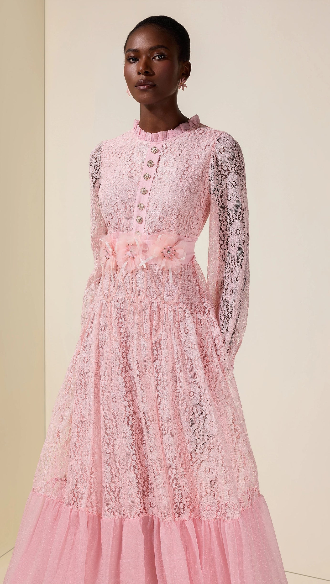 virginia Lace 3D Flower Rhinestone Rivets Midi Dress - pink