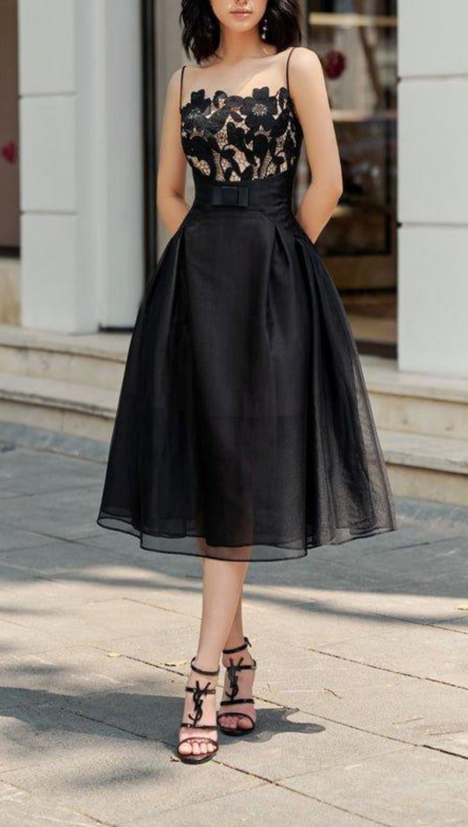 BLACK LACE CAMISOLE MIDI DRESS