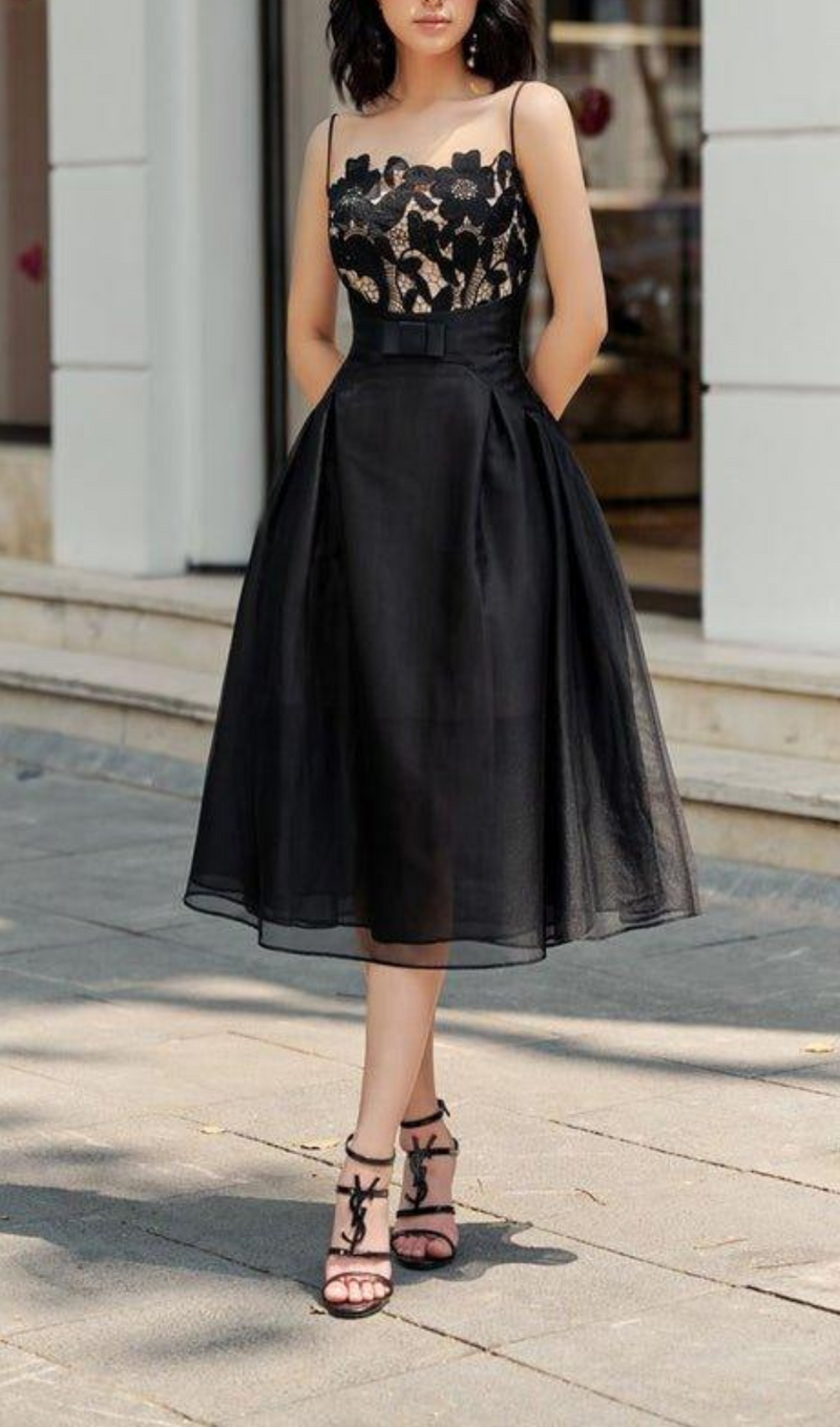 BLACK LACE CAMISOLE MIDI DRESS