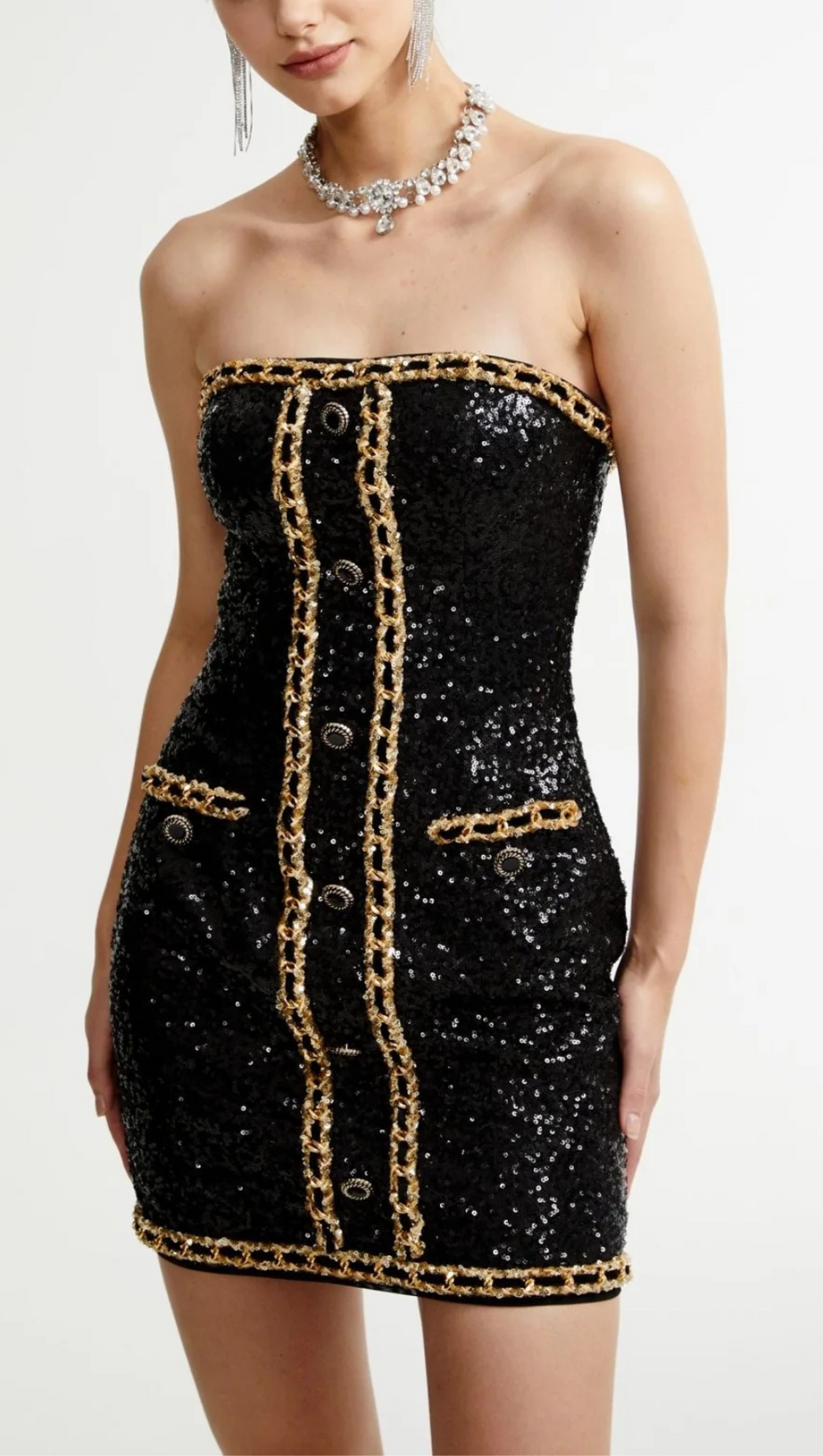 MINI ABITO SENZA SPALLINE CON CATENA DI PAILLETTES 