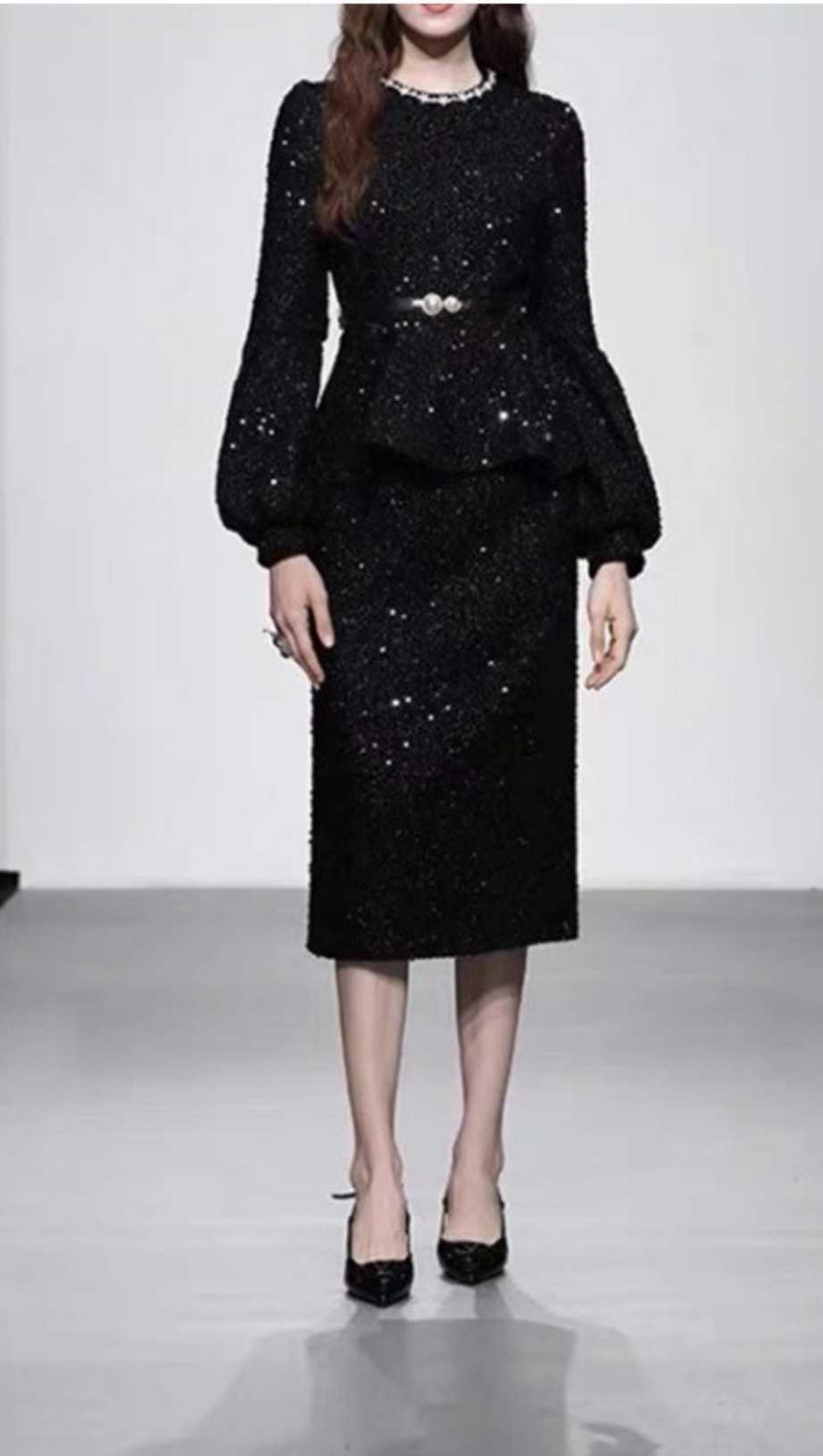 SEQUIN LANTERN SLEEVE RUFFLE MIDI DRESS