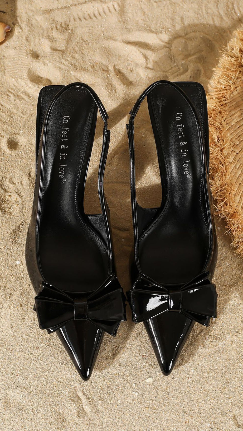 HAKIM BLACK PATENT BOW SLINGBACK HEELS | ELEGANT POINTED TOE PUMPS