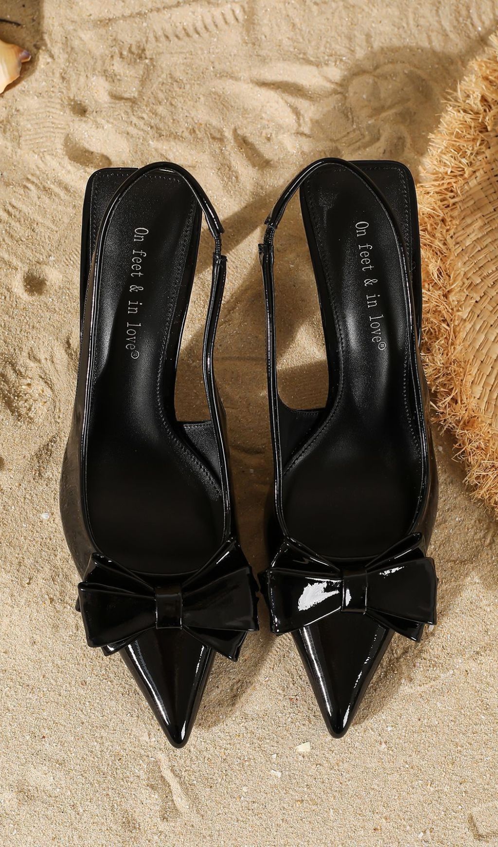 HAKIM BLACK PATENT BOW SLINGBACK HEELS | ELEGANT POINTED TOE PUMPS