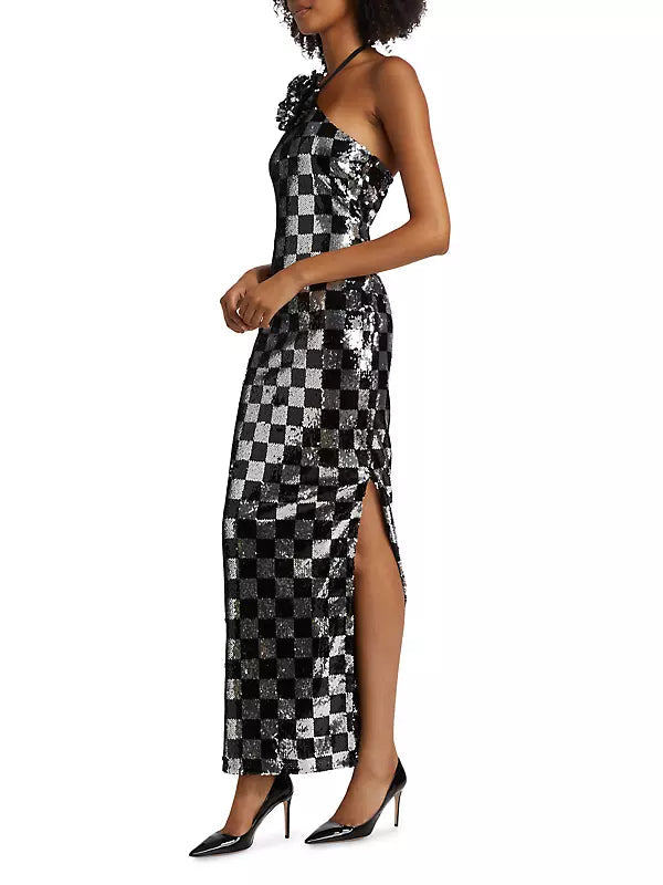 CHECKERBOARD SEQUIN HALTER GOWN WITH FLOWER