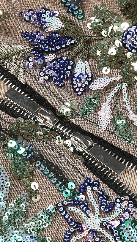 STRAPLESS DAHLIA SEQUINS EMBROIDERED MAXI DRESS GREEN