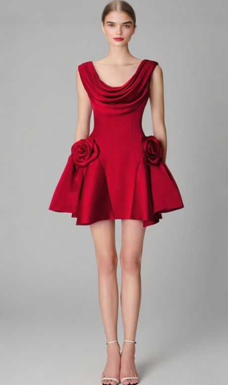 3d flower Pleated Sleeveless Mini Dress